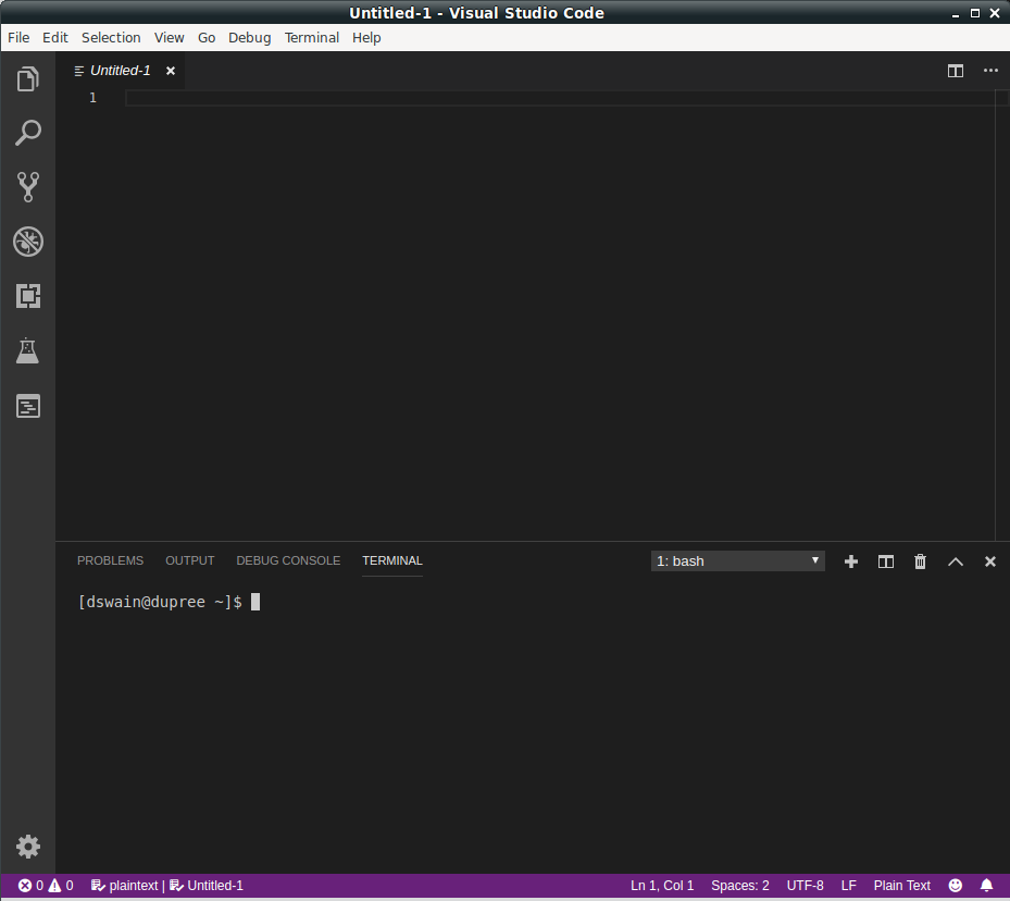 An empty, sad Visual Studio Code window